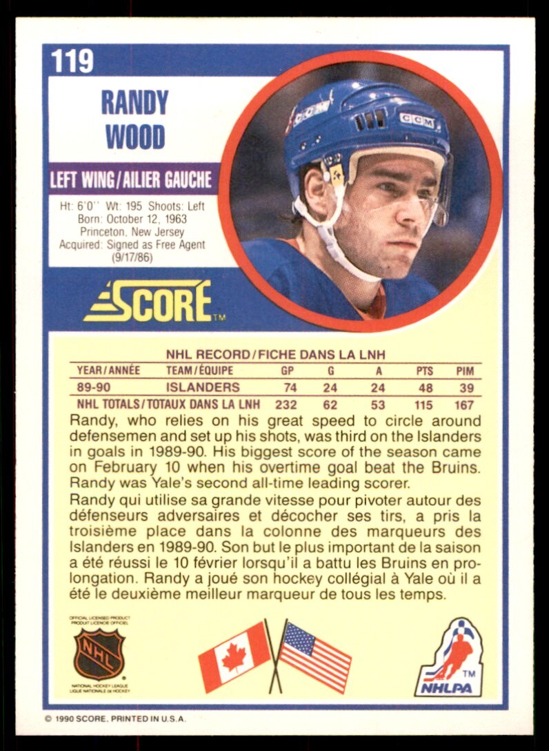 1990-91 Score Canadian Randy Wood . New York Islanders #119
