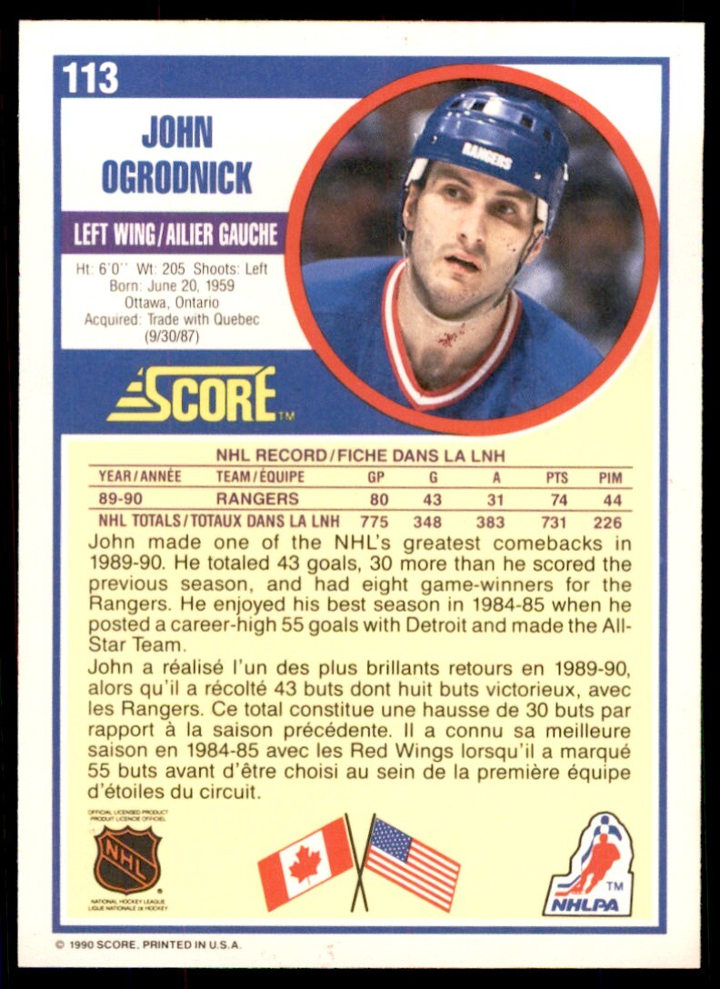 1990-91 Score Canadian John Ogrodnick . New York Rangers #113