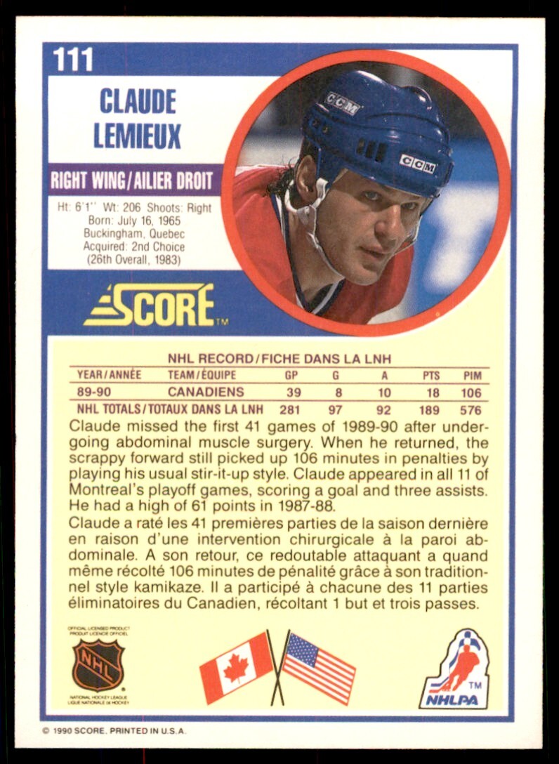 1990-91 Score Canadian Claude Lemieux . Montreal Canadiens #111