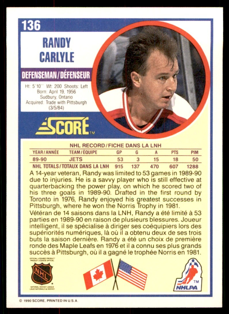 1990-91 Score Canadian Randy Carlyle . Winnipeg Jets #136