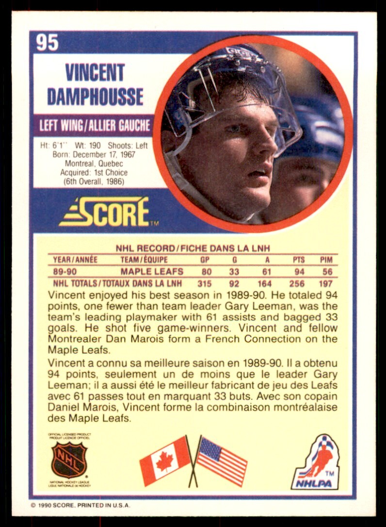 1990-91 Score Canadian Vincent Damphousse . Toronto Maple Leafs #95