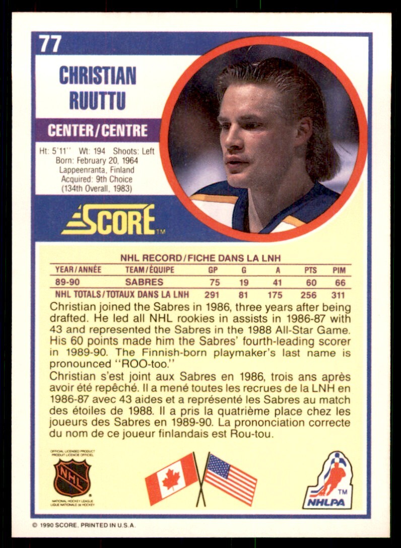 1990-91 Score Canadian Christian Ruuttu . Buffalo Sabres #77