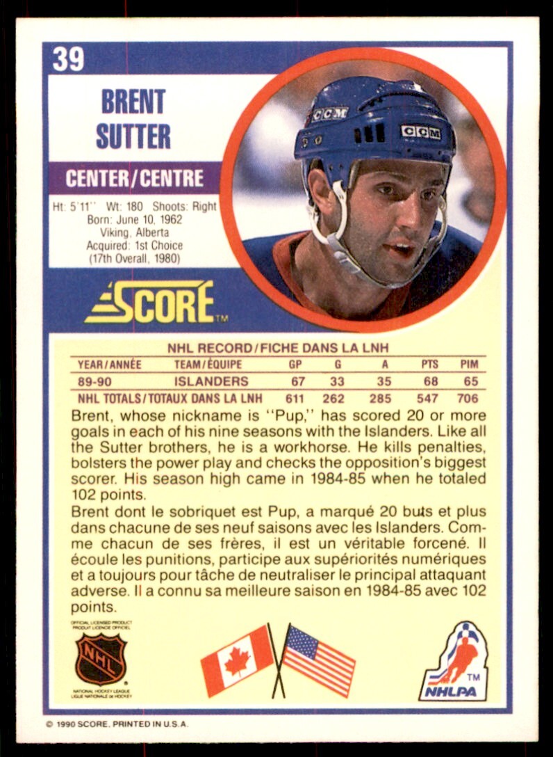 1990-91 Score Canadian Brent Sutter . New York Islanders #39