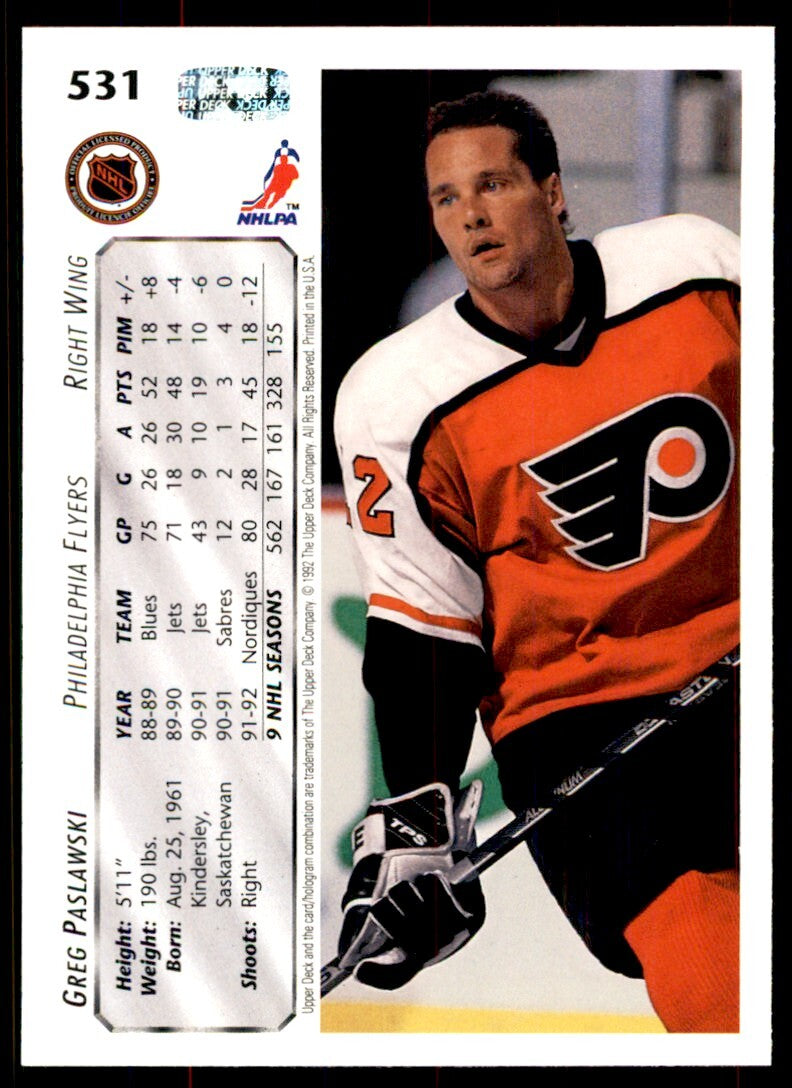 1992-93 Upper Deck Greg Paslawski . Philadelphia Flyers #531