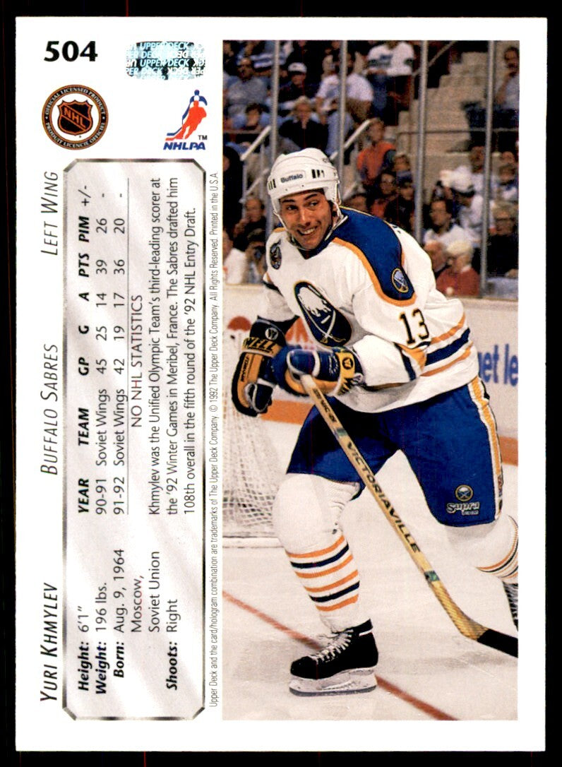 1992-93 Upper Deck Yuri Khmylev Rookie . Buffalo Sabres #504