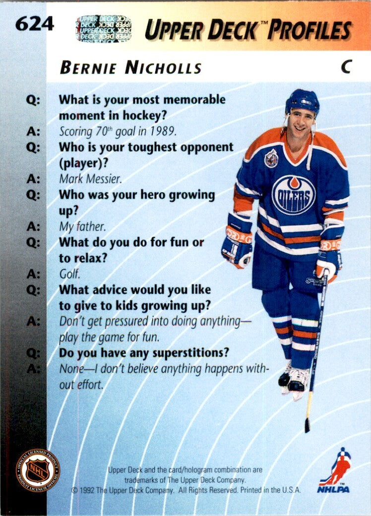 1992-93 Upper Deck Bernie Nicholls . Edmonton Oilers #624