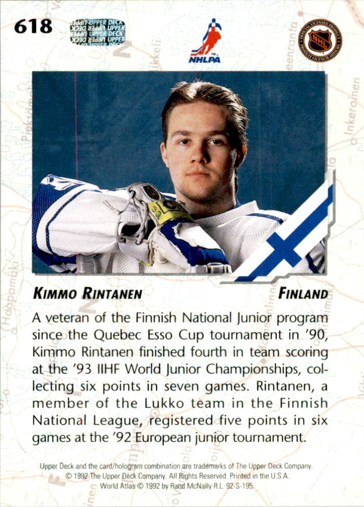 1992-93 Upper Deck Kimmo Rintanen Rookie . Finland #618