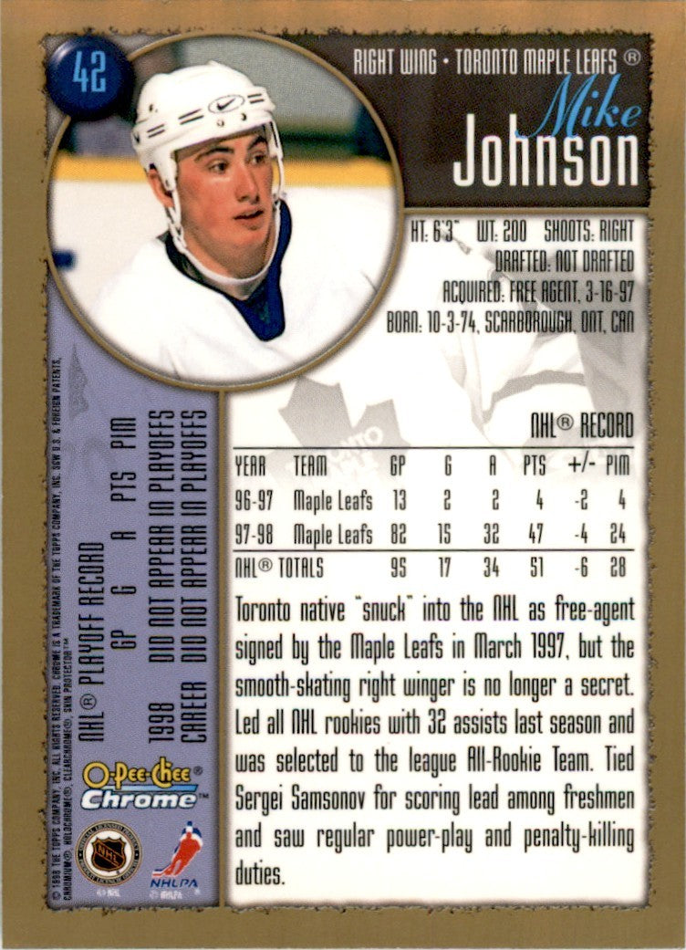 1998-99 O-PEE-CHEE CHROME MIKE JOHNSON TORONTO MAPLE LEAFS #42