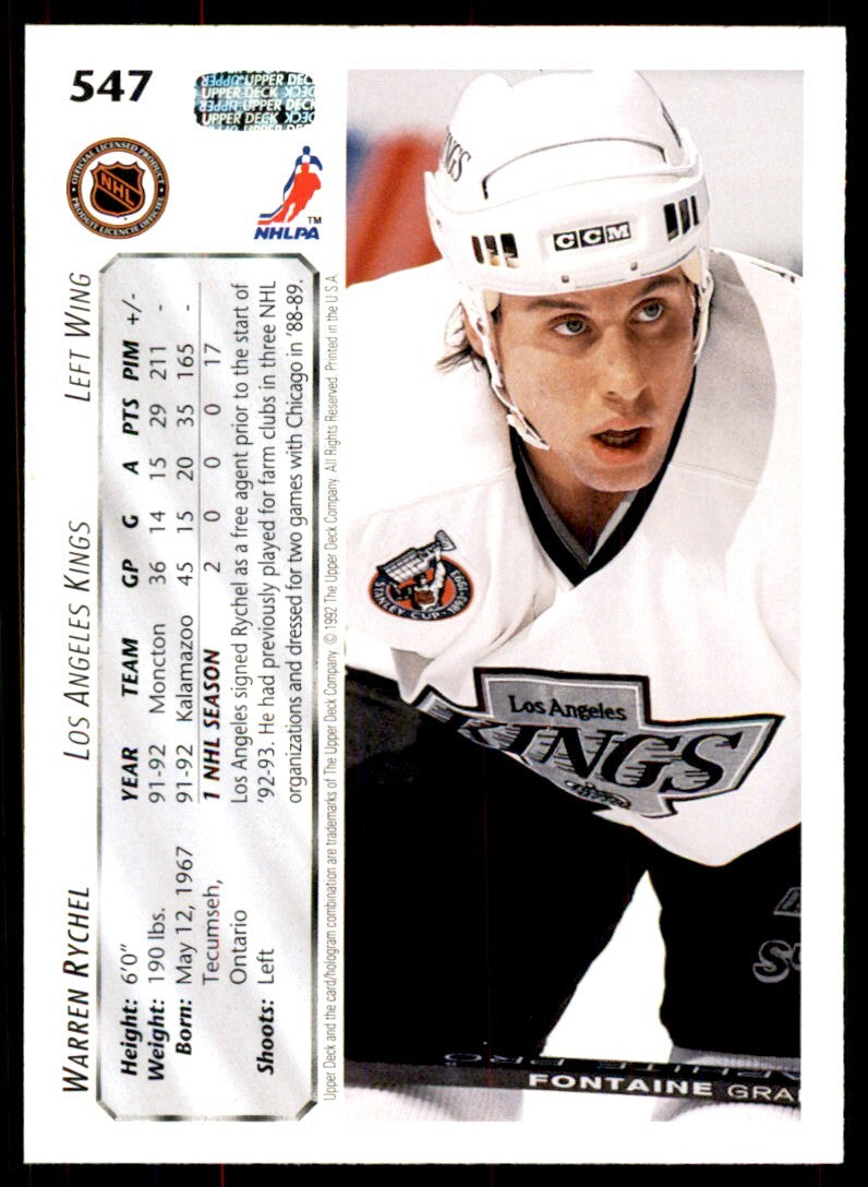 1992-93 Upper Deck Warren Rychel Rookie . Los Angeles Kings #547