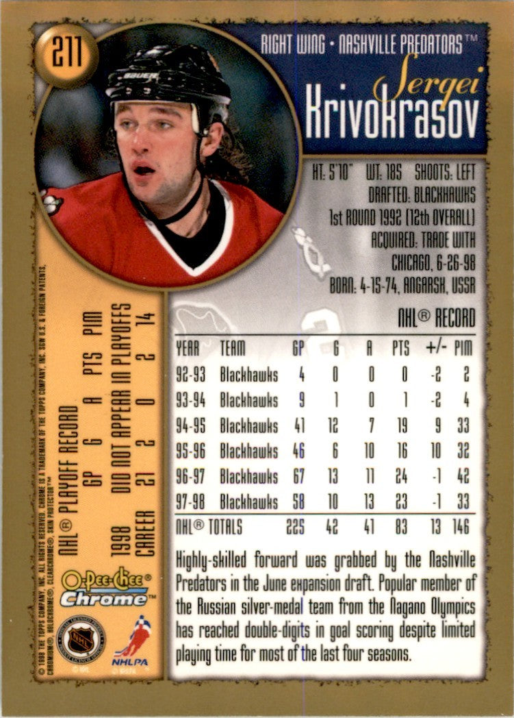1998-99 O-PEE-CHEE CHROME SERGEI KRIVOKRASOV NASHVILLE PREDATORS #211