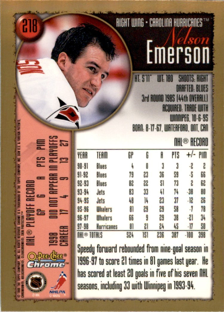 1998-99 O-PEE-CHEE CHROME NELSON EMERSON. CAROLINA HURRICANES #218