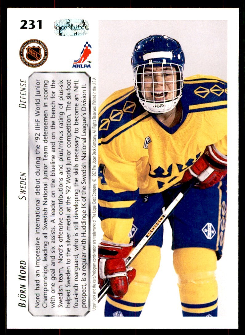1992-93 Upper Deck Bjorn Nord Rookie . Sweden #231
