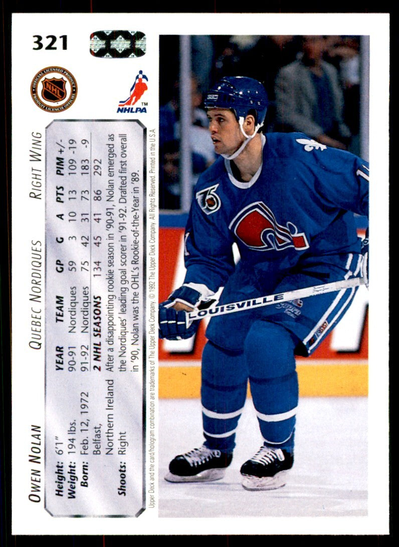 1992-93 Upper Deck Owen Nolan . Quebec Nordiques #321