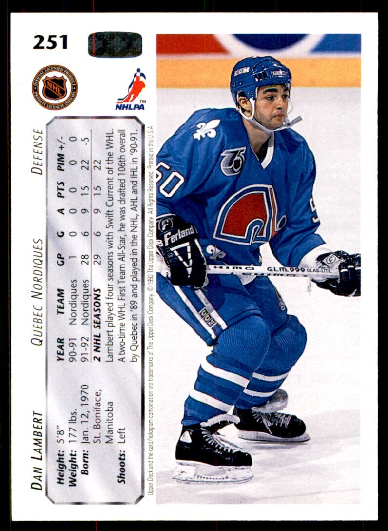 1992-93 Upper Deck Dan Lambert . Quebec Nordiques #251