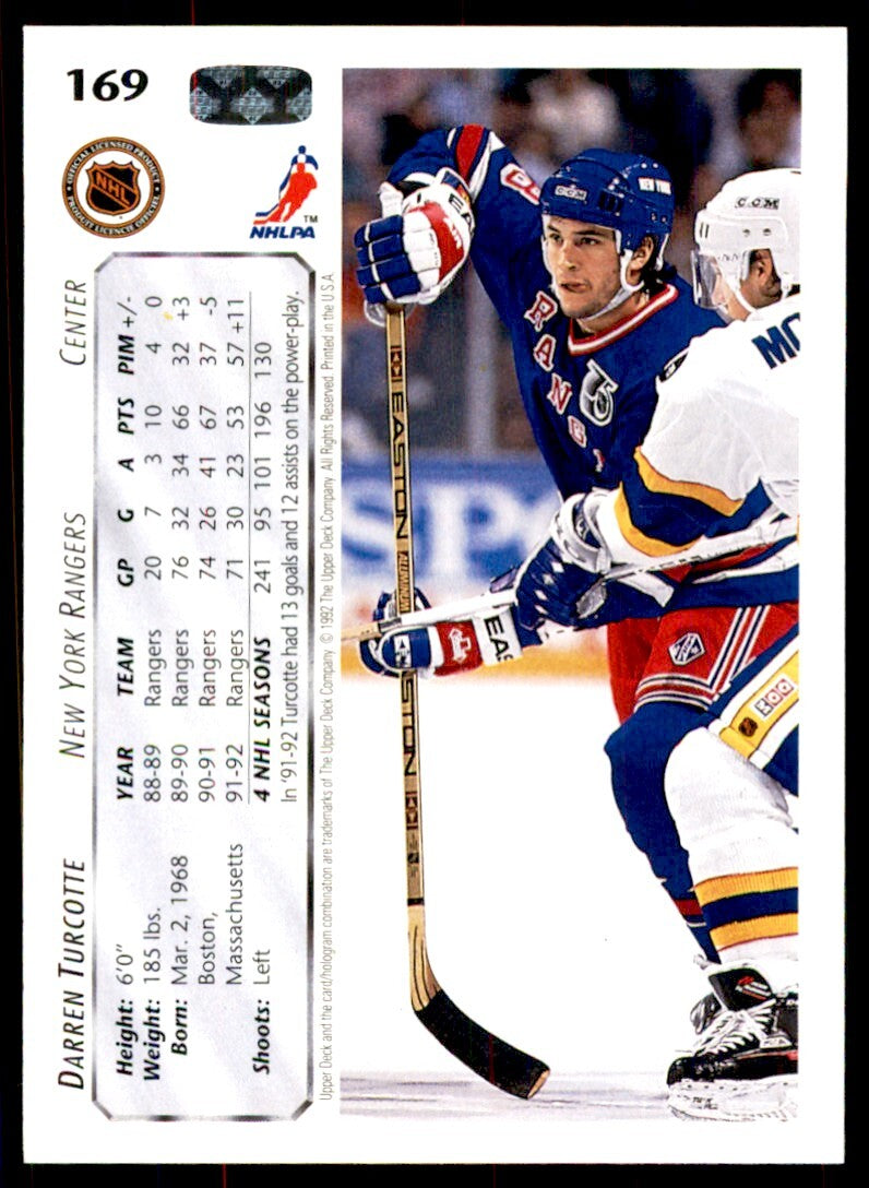 1992-93 Upper Deck Darren Turcotte . New York Rangers #169