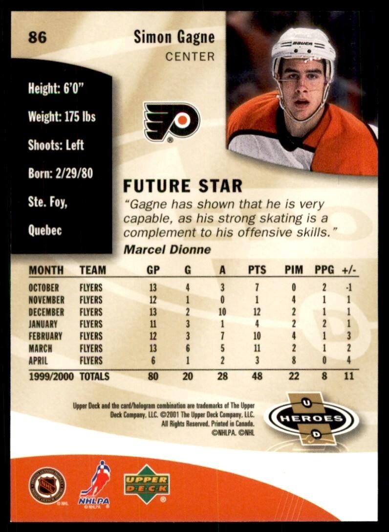 2001-02 UPPER DECK SIMON GAGNE PHILADELPHIA FLYERS #86
