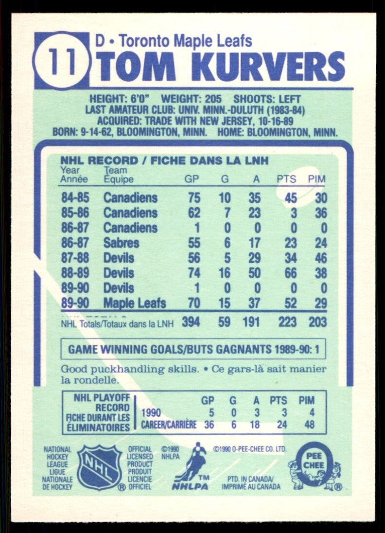 1990-91 O-Pee-Chee Tom Kurvers . Toronto Maple Leafs #11