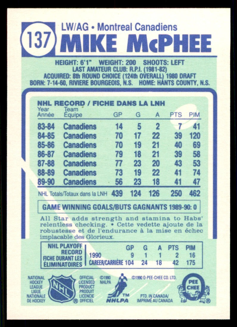 1990-91 O-Pee-Chee Mike McPhee . Montreal Canadiens #137