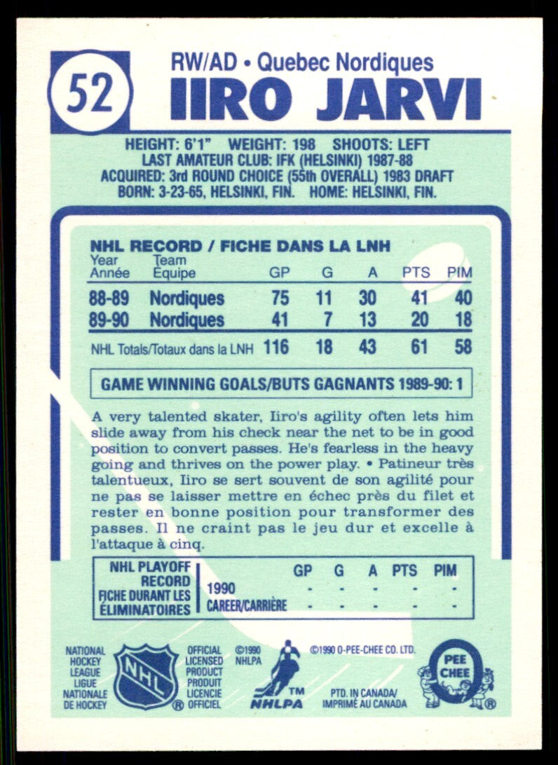 1990-91 O-Pee-Chee Iiro Jarvi . Quebec Nordiques #52