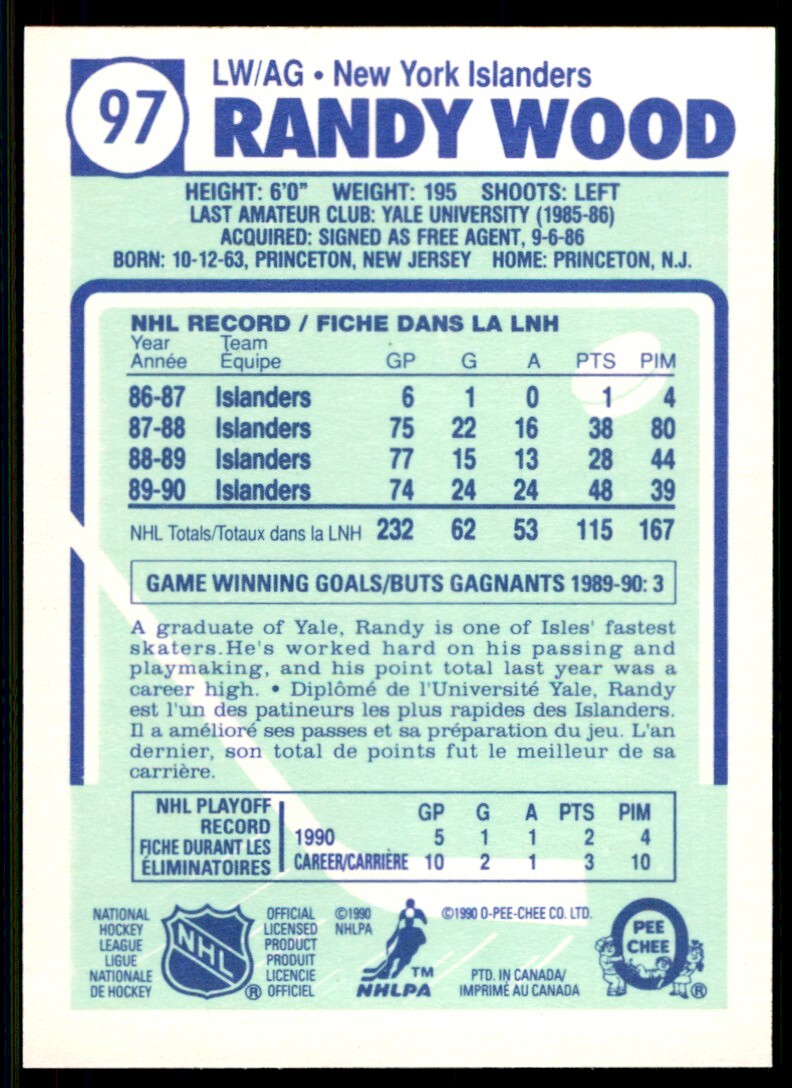 1990-91 O-Pee-Chee Randy Wood . New York Islanders #97