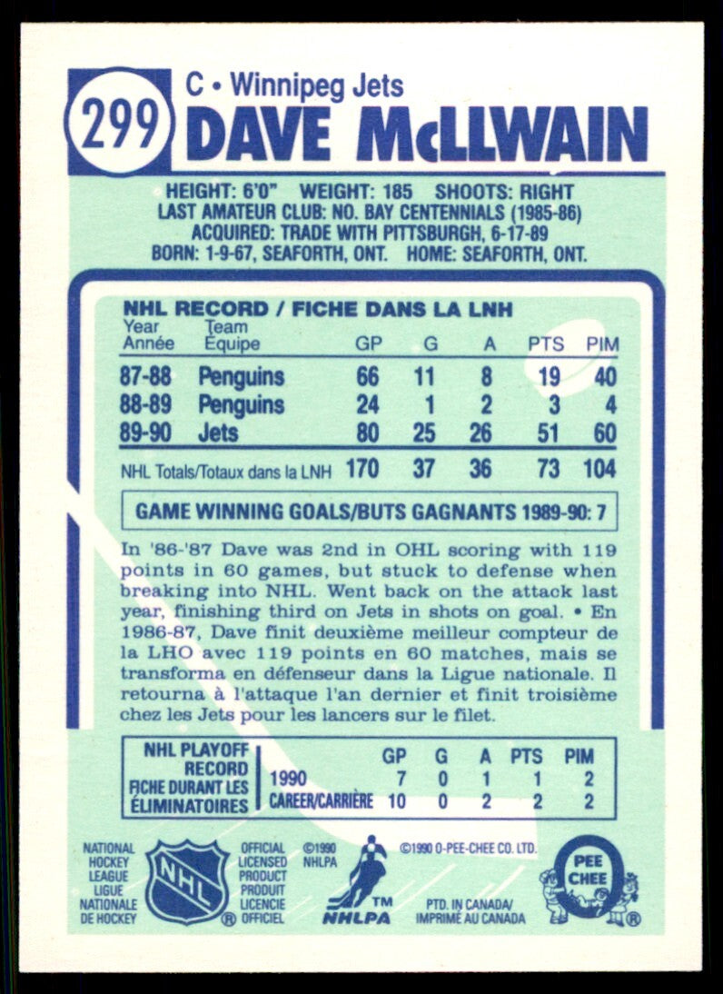 1990-91 O-Pee-Chee Dave McLlwain . Winnipeg Jets #299