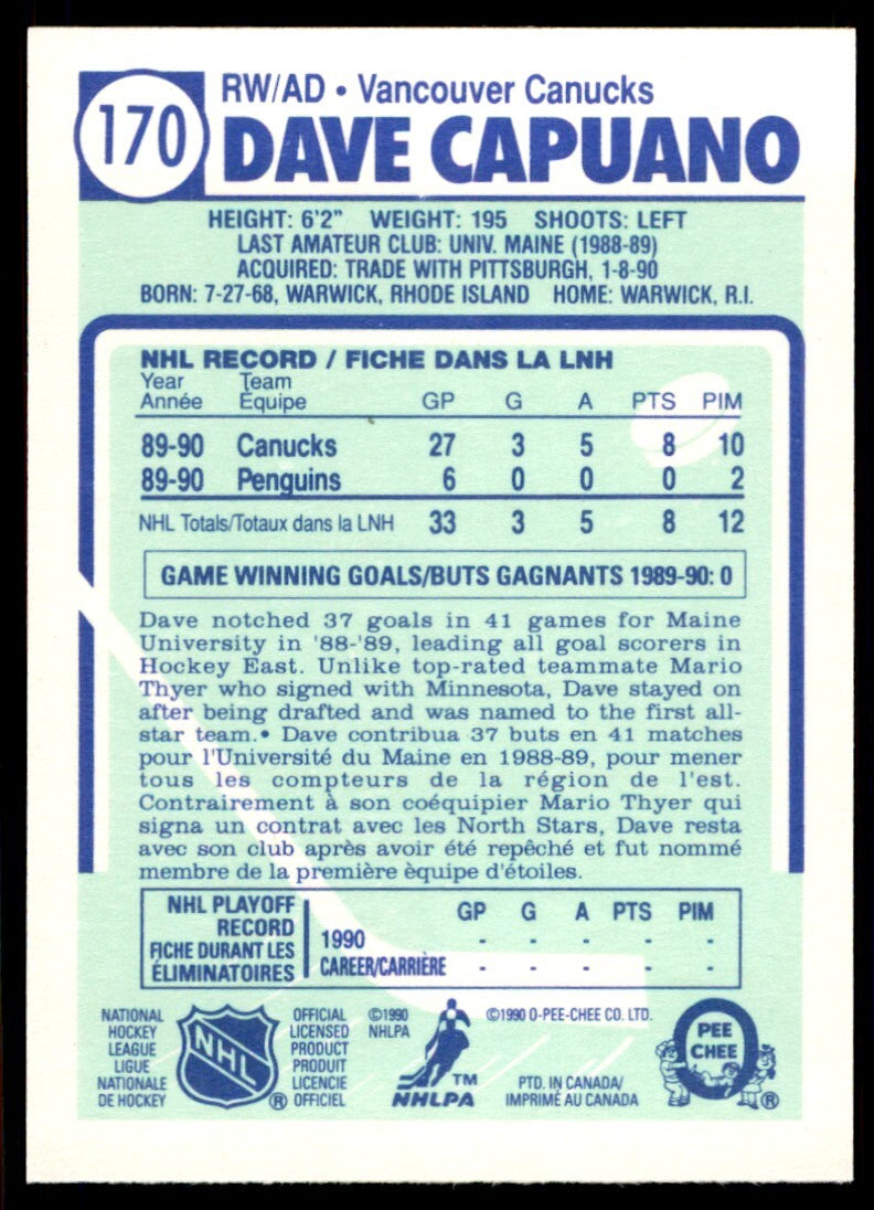 1990-91 O-Pee-Chee Dave Capuano . Vancouver Canucks #170