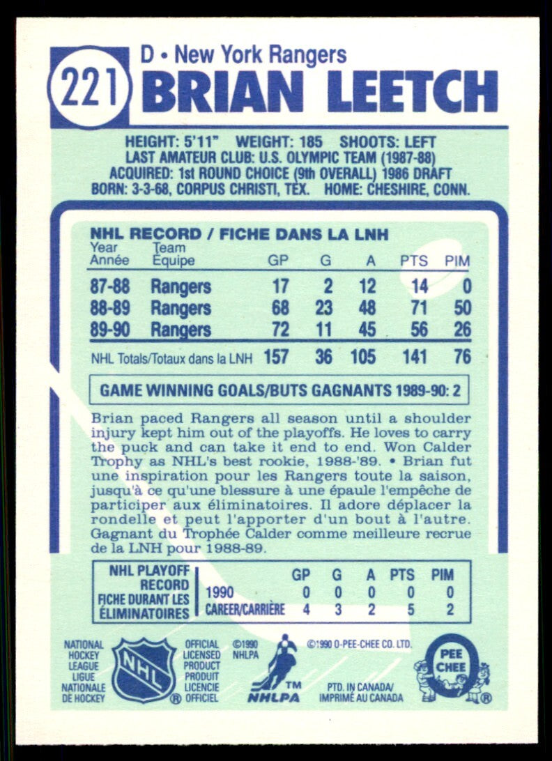 1990-91 O-Pee-Chee Brian Leetch . New York Rangers #221