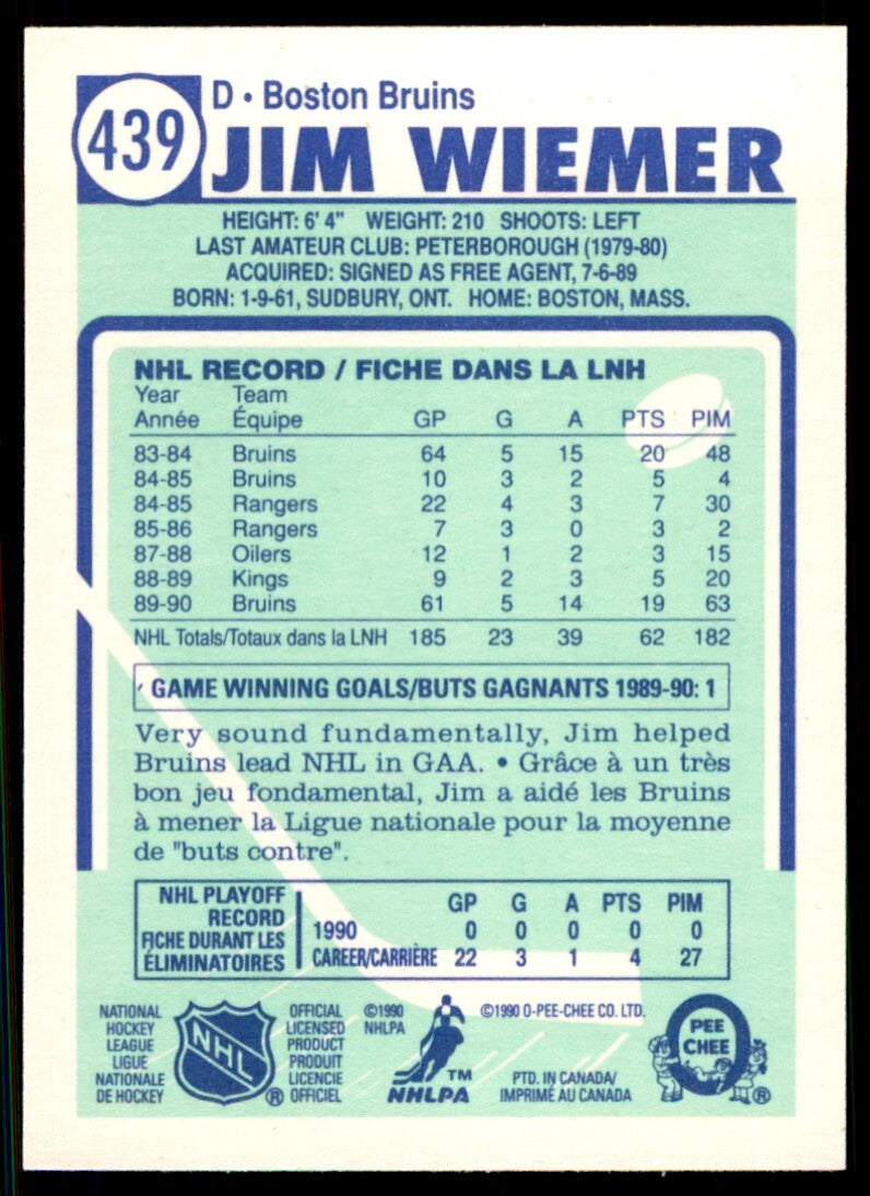 1990-91 O-Pee-Chee Jim Wiemer . Boston Bruins #439