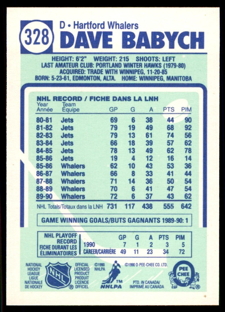 1990-91 O-Pee-Chee Dave Babych . Hartford Whalers #328