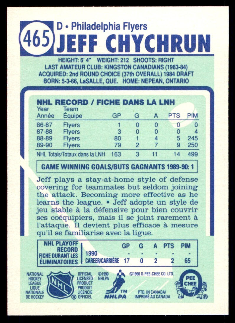 1990-91 O-Pee-Chee Jeff Chychrun . Philadelphia Flyers #465