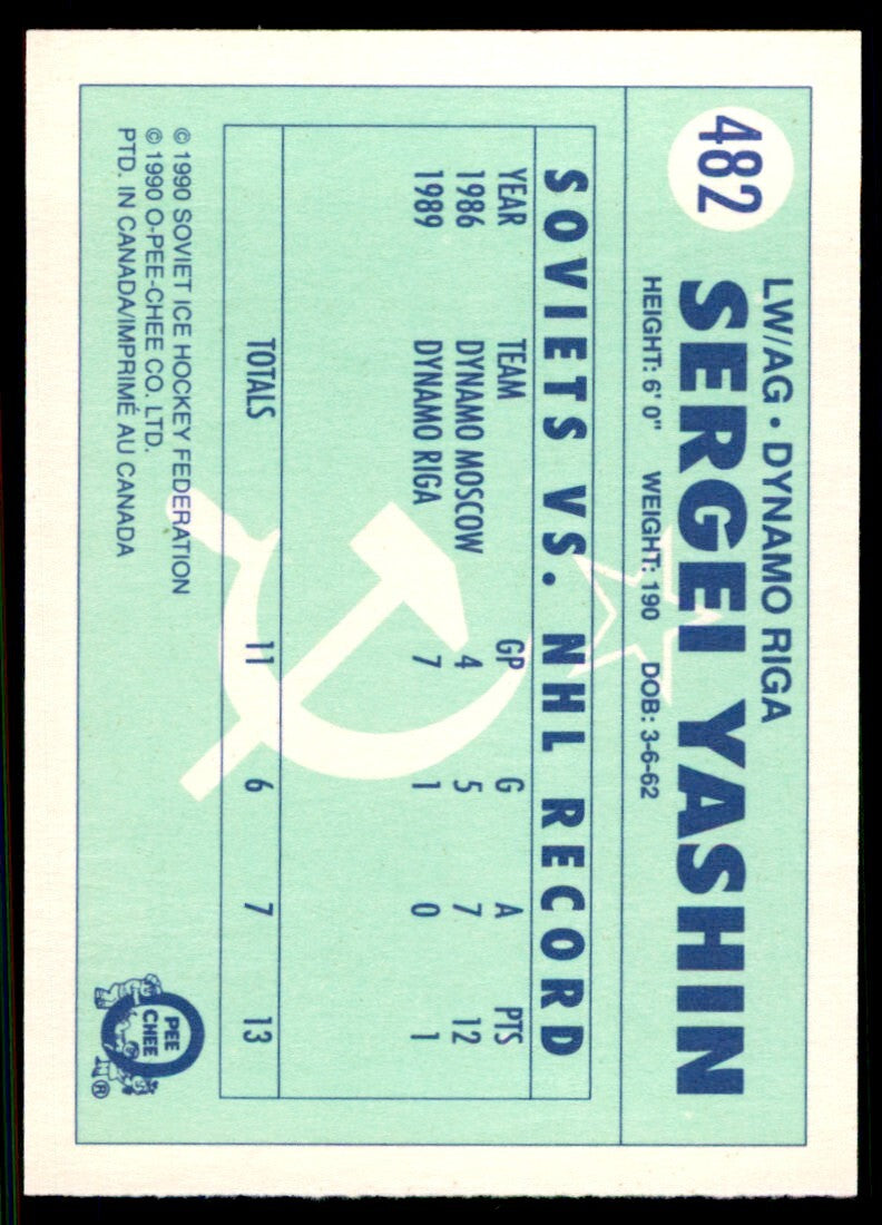 1990-91 O-Pee-Chee Sergei Yashin . Dinamo Riga #482