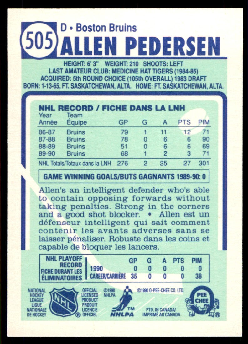 1990-91 O-Pee-Chee Allen Pedersen . Boston Bruins #505