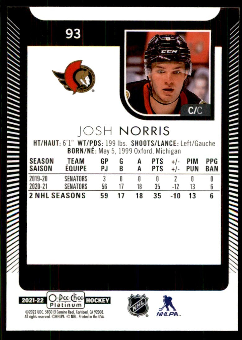 2021-22 O-Pee-Chee Platinum Josh Norris Hockey Cards #93