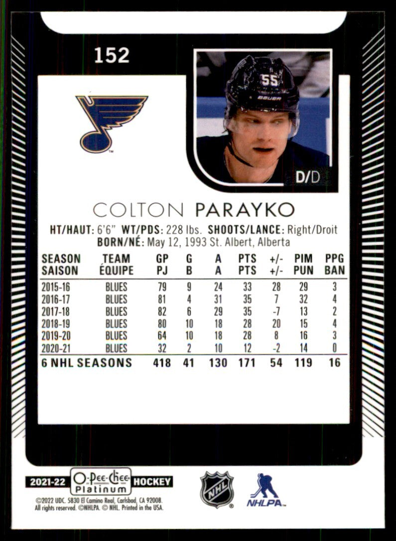 2021-22 O-Pee-Chee Platinum Colton Parayko Hockey Cards #152