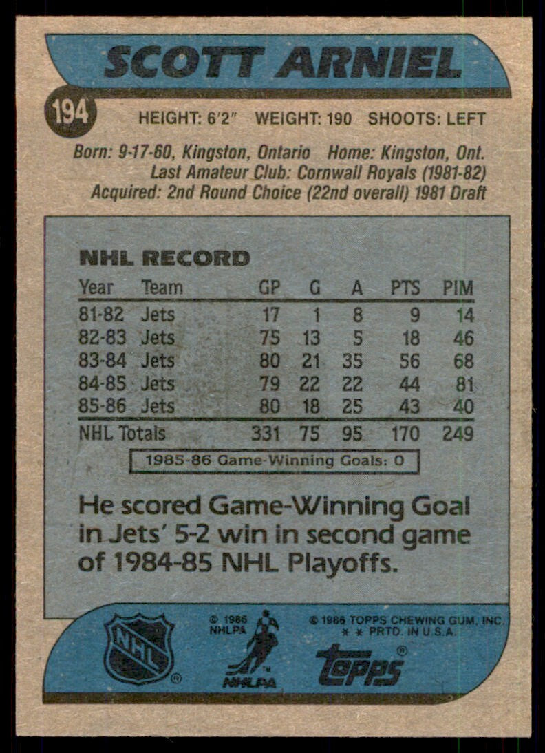 1986-87 Topps Scott Arniel . Winnipeg Jets #194
