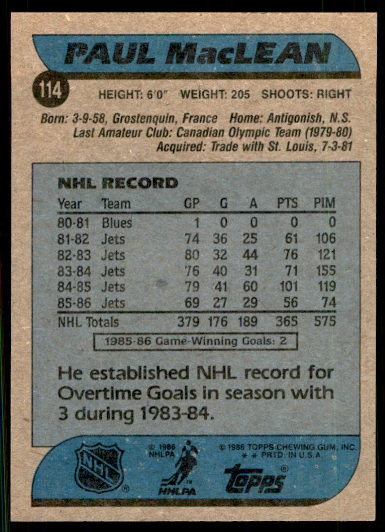 1986-87 Topps Paul MacLean . Winnipeg Jets #114