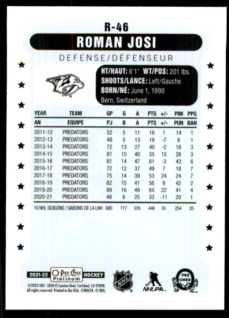 2021-22 O-Pee-Chee Platinum Roman Josi Hockey Cards #R-46