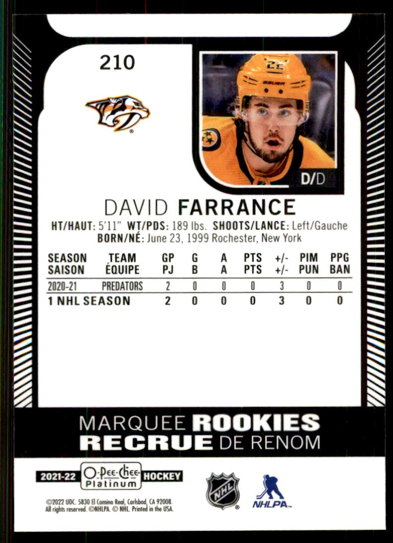 2021-22 O-Pee-Chee Platinum David Farrance Hockey Cards #210
