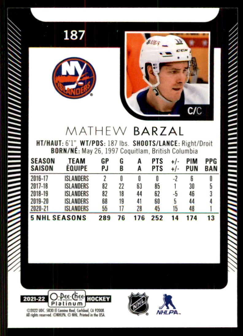 2021-22 O-Pee-Chee Platinum Mathew Barzal Hockey Cards #187