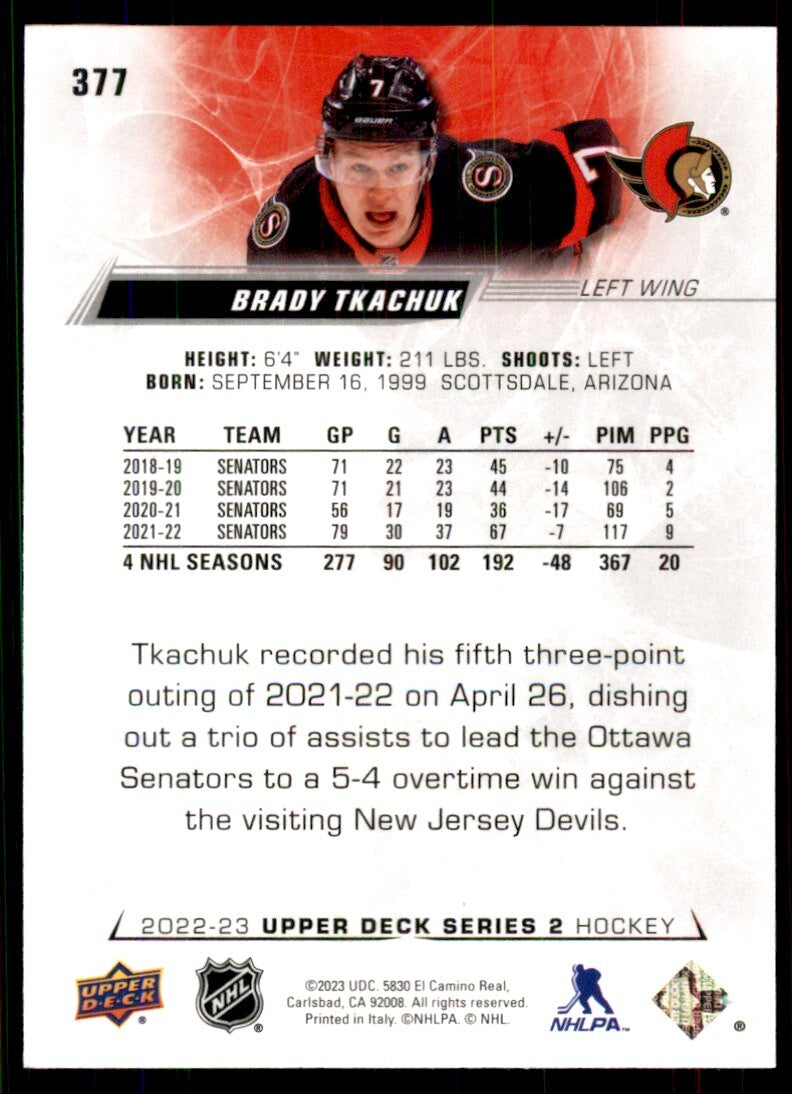 2022-23 Upper Deck Brady Tkachuk A Hockey Cards #377