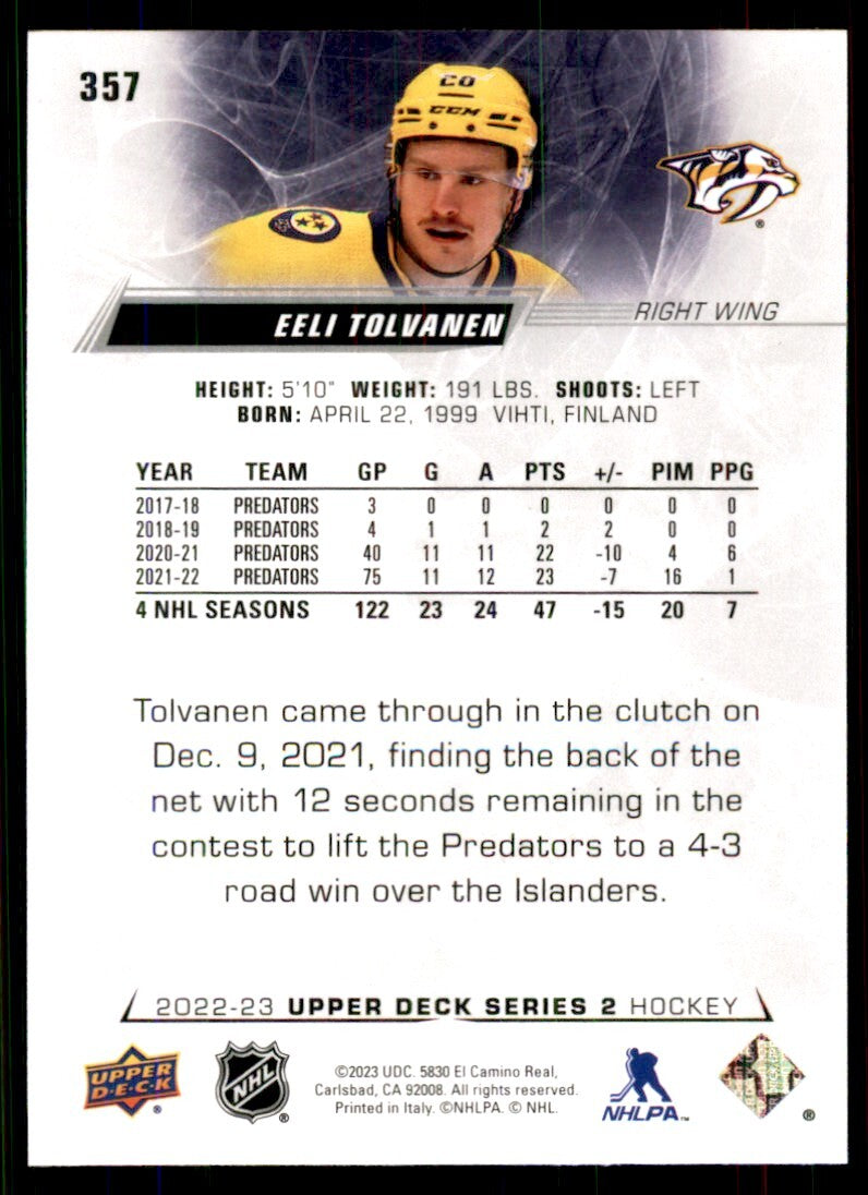 2022-23 Upper Deck Eeli Tolvanen B Hockey Cards #357
