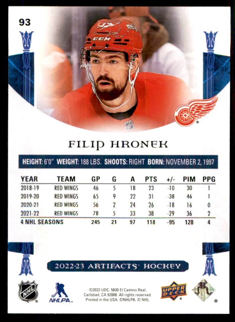 2022-23 Upper Deck Artifacts Filip Hronek B Hockey Cards #93
