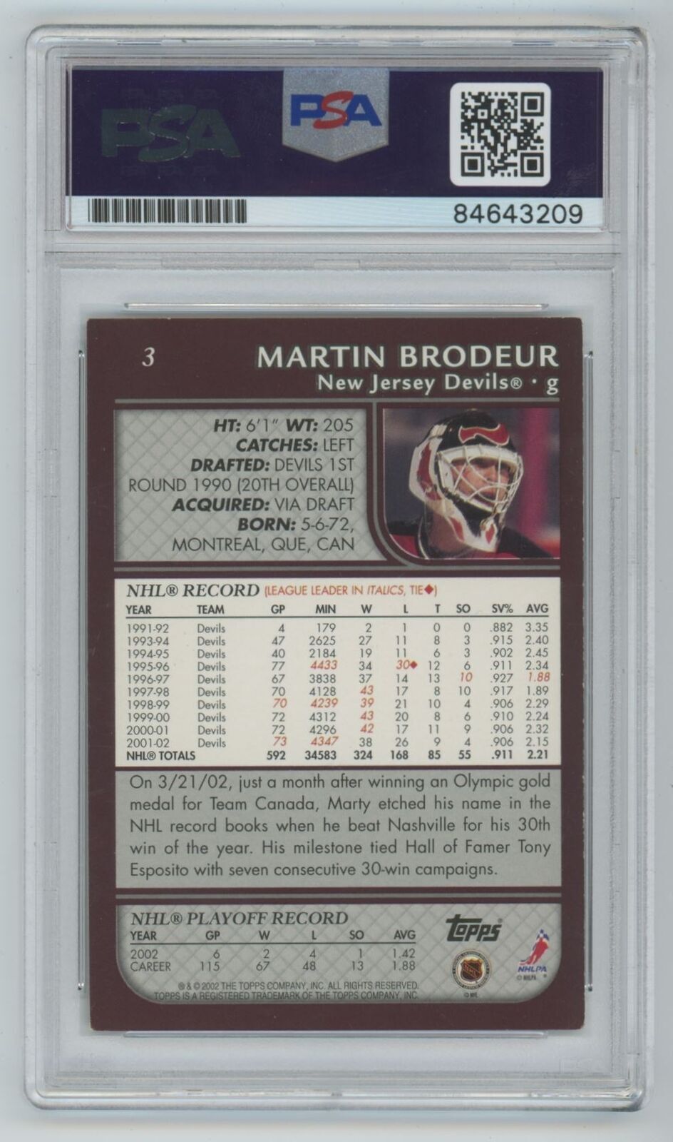 2002-03 Topps PSA/DNA Certified Martin Brodeur Auto PSA #3