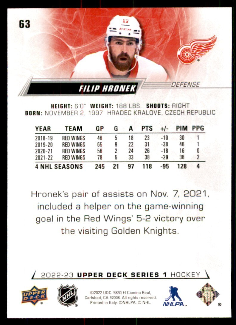 2022-23 Upper Deck Filip Hronek Hockey Cards #63