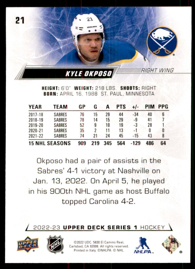 2022-23 Upper Deck Kyle Okposo Hockey Cards #21