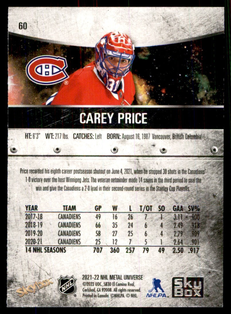 2021-22 Skybox Metal Carey Price Hockey Cards #60