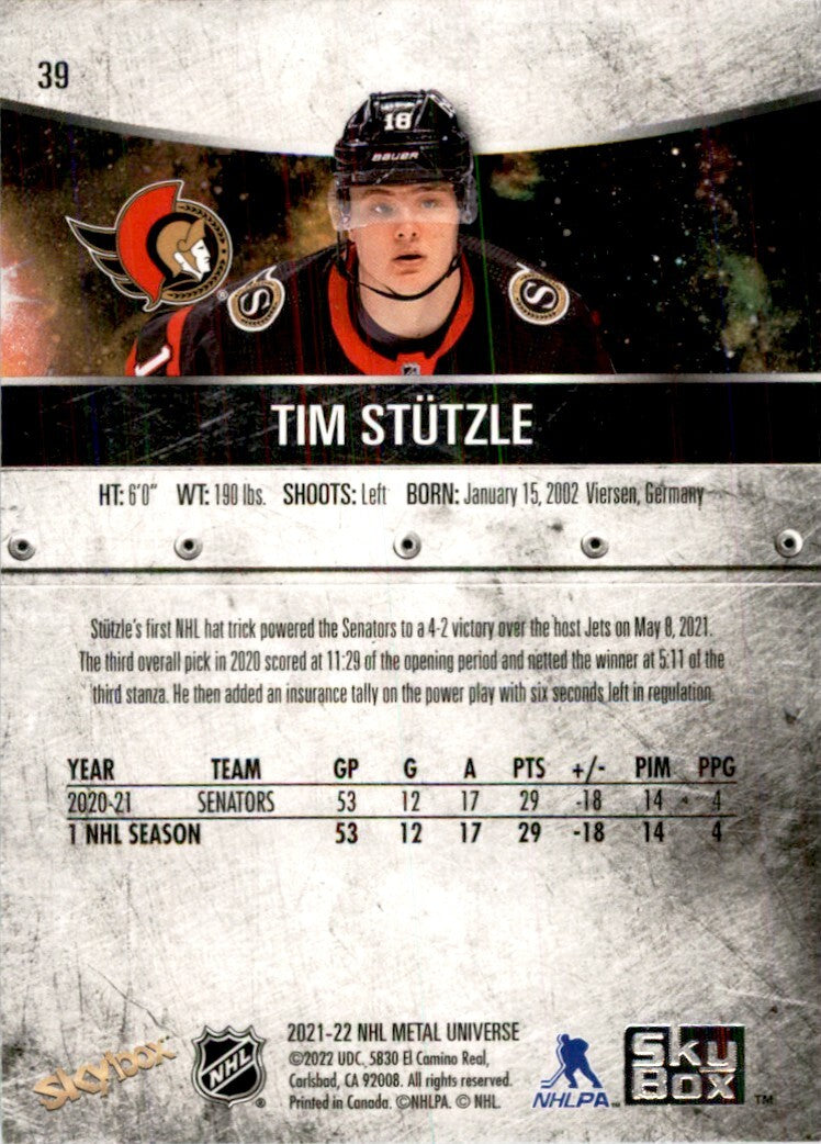 2021-22 Skybox Metal Tim Stutzle Hockey Cards #39
