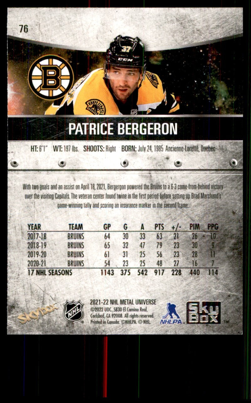 2021-22 Skybox Metal Patrice Bergeron Hockey Cards #76