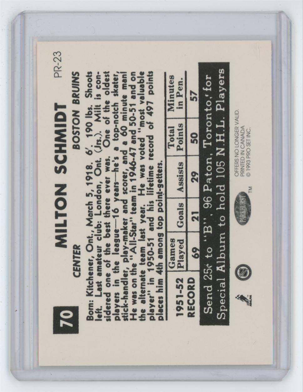 1993-94 Pro Set Milton Schmidt Hockey Cards #70