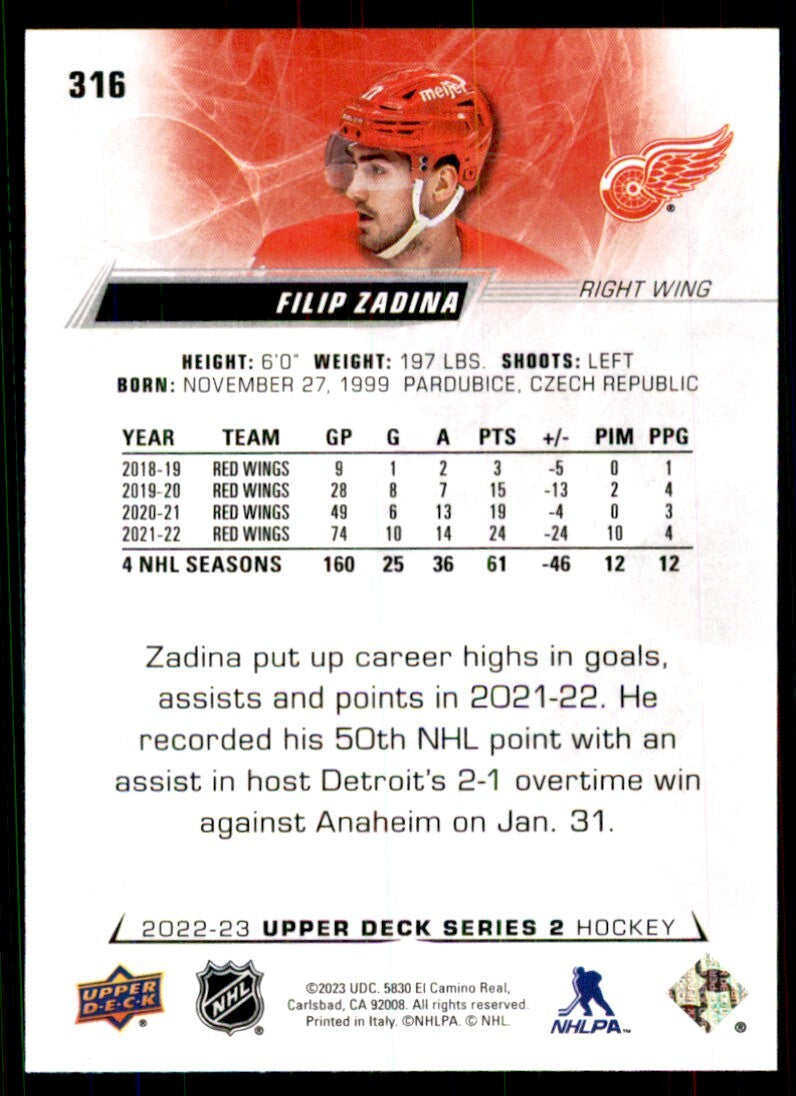 2022-23 Upper Deck. Filip Zadina Hockey Cards #316